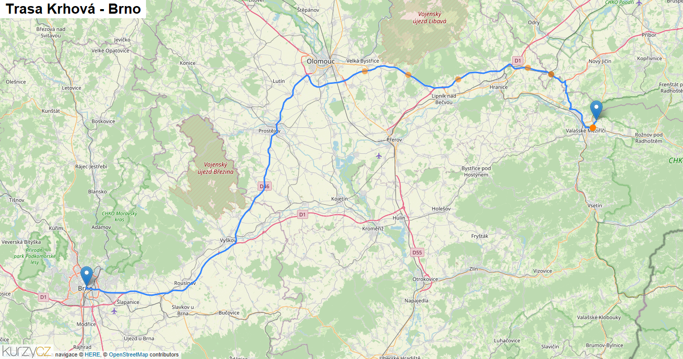 Krhová-Brno, mapa trasy