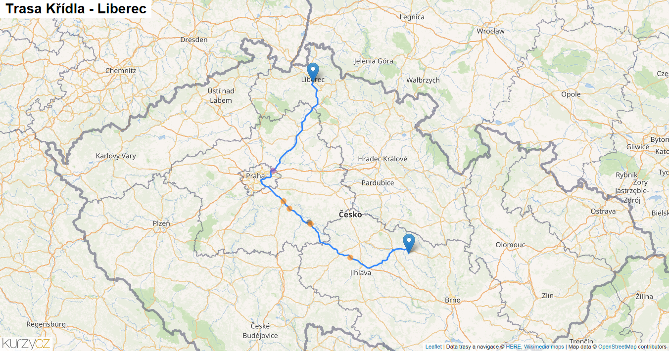 Křídla-Liberec, mapa trasy
