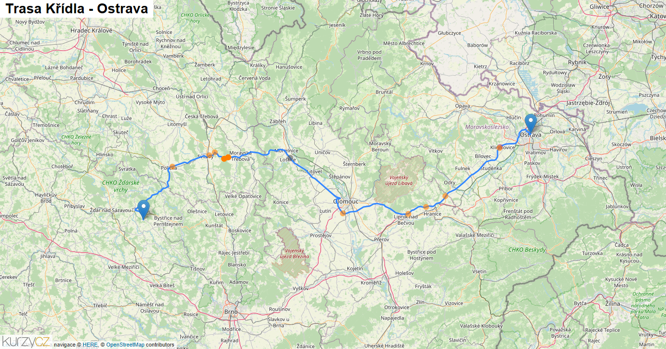 Křídla-Ostrava, mapa trasy
