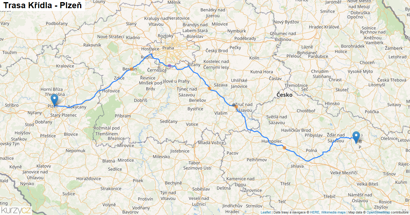 Křídla-Plzeň, mapa trasy