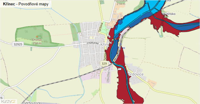 Křinec - záplavové mapy stoleté vody