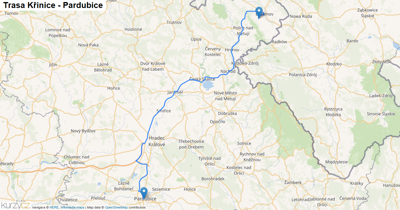 Křinice-Pardubice, mapa trasy