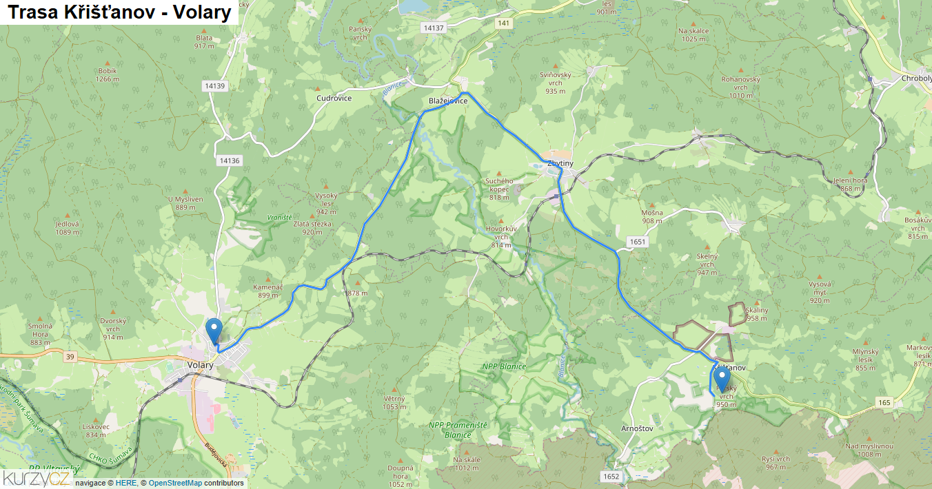 Křišťanov-Volary, mapa trasy