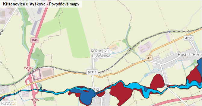 Křižanovice u Vyškova - záplavové mapy stoleté vody