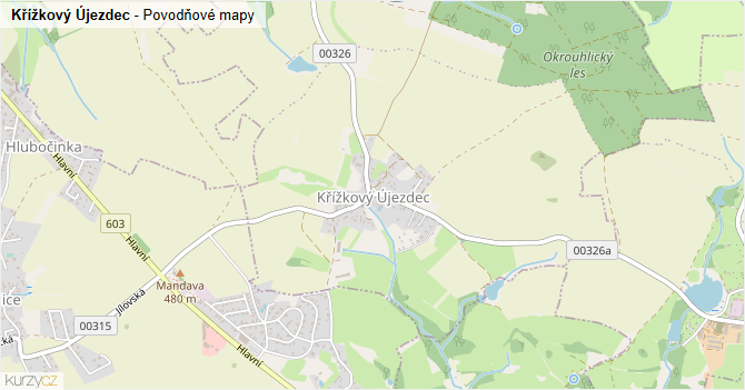 Křížkový Újezdec - záplavové mapy stoleté vody