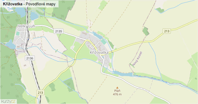 Křižovatka - záplavové mapy stoleté vody