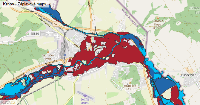 Krnov - záplavové mapy stoleté vody