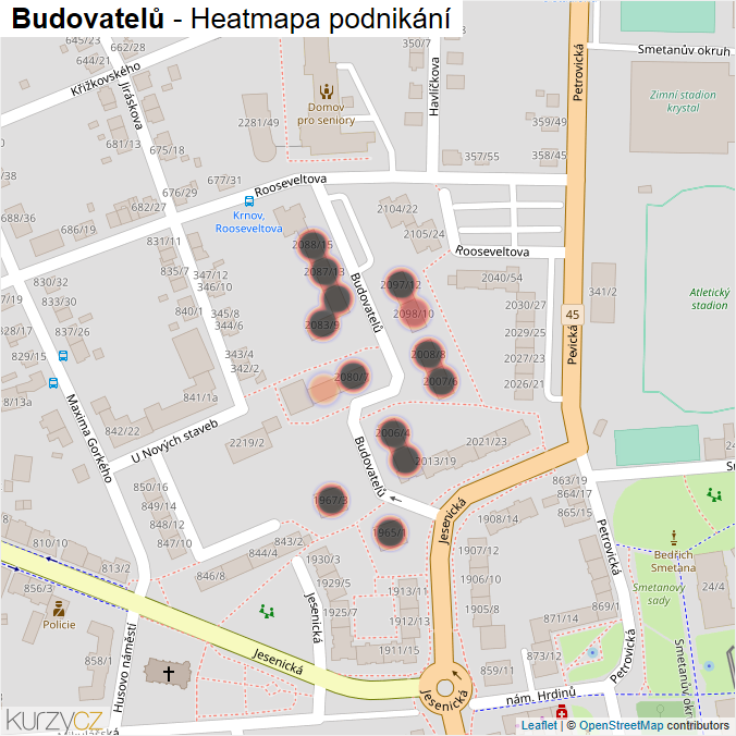 Mapa Budovatelů - Firmy v ulici.