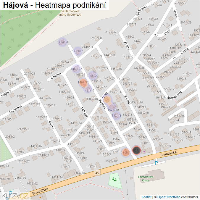 Mapa Hájová - Firmy v ulici.
