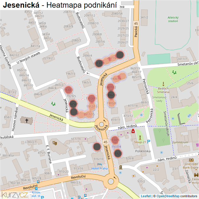 Mapa Jesenická - Firmy v ulici.