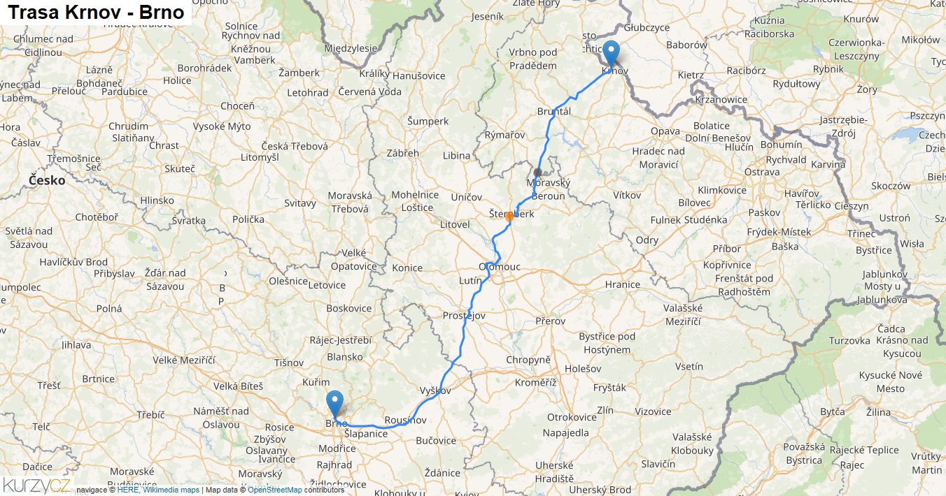 Krnov-Brno, mapa trasy