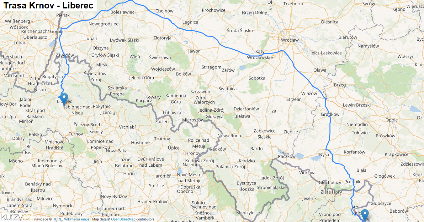 Krnov-Liberec, mapa trasy