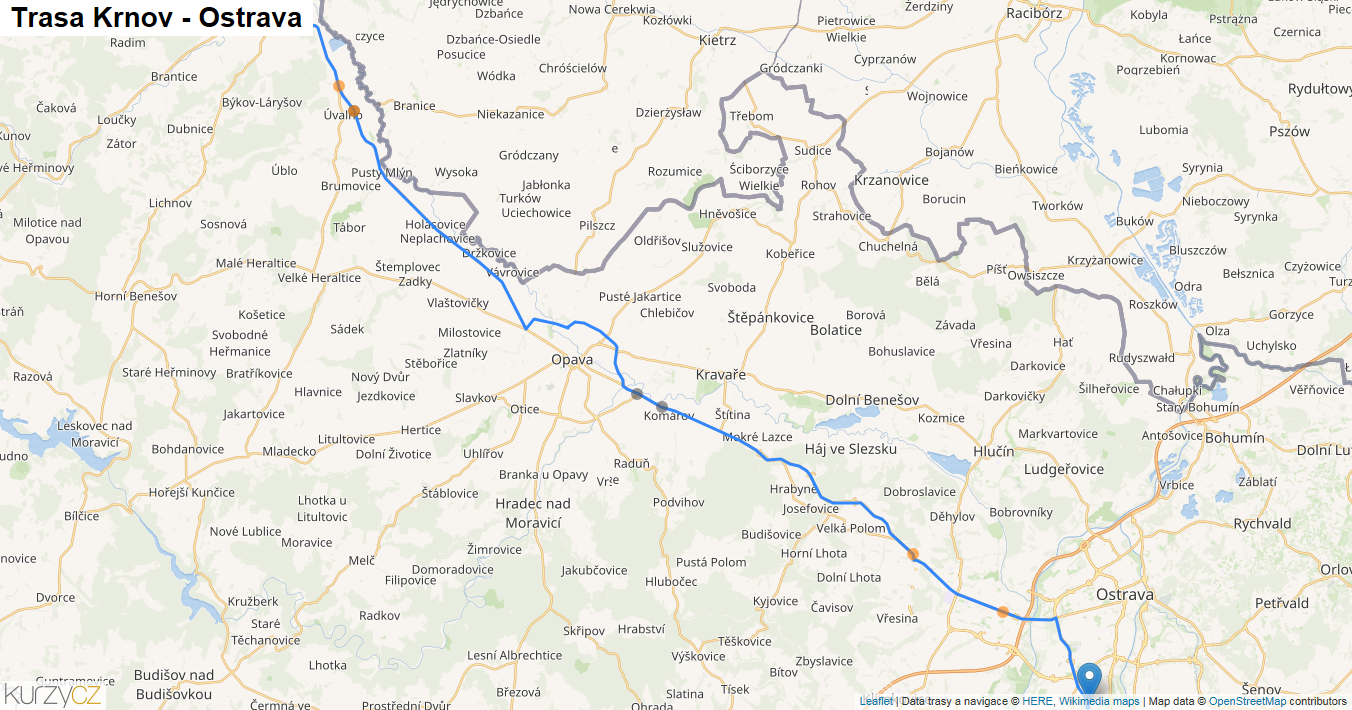 Krnov-Ostrava, mapa trasy
