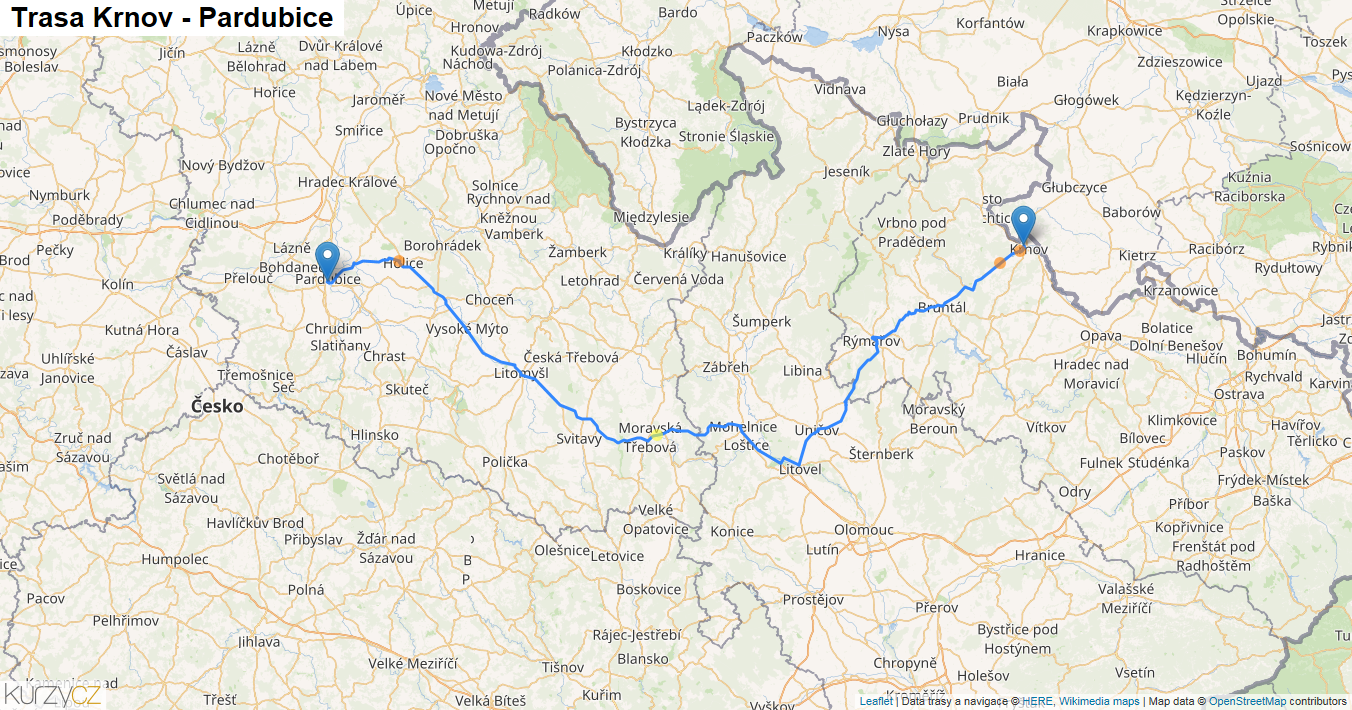 Krnov-Pardubice, mapa trasy