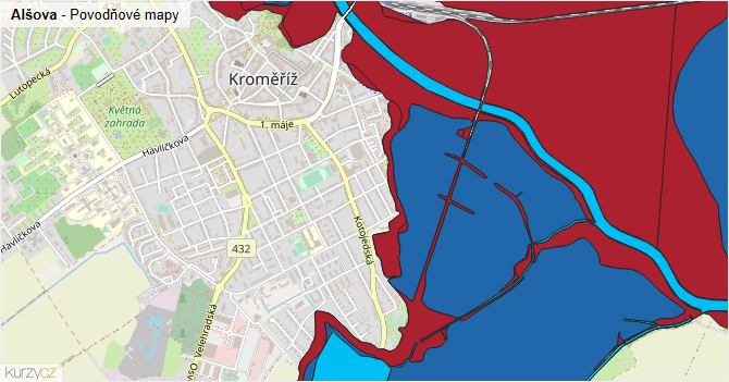 Alšova - záplavové mapy stoleté vody