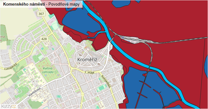 Komenského náměstí - záplavové mapy stoleté vody