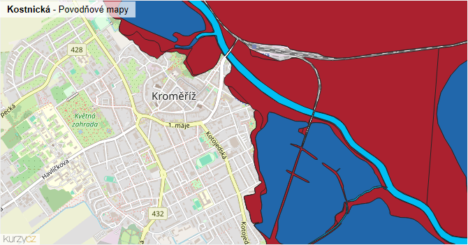 Kostnická - záplavové mapy stoleté vody
