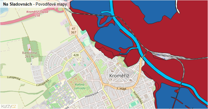 Na Sladovnách - záplavové mapy stoleté vody