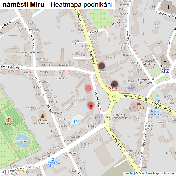Mapa náměstí Míru - Firmy v ulici.
