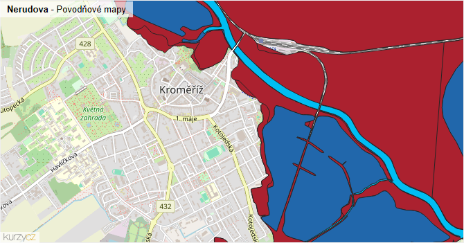 Nerudova - záplavové mapy stoleté vody