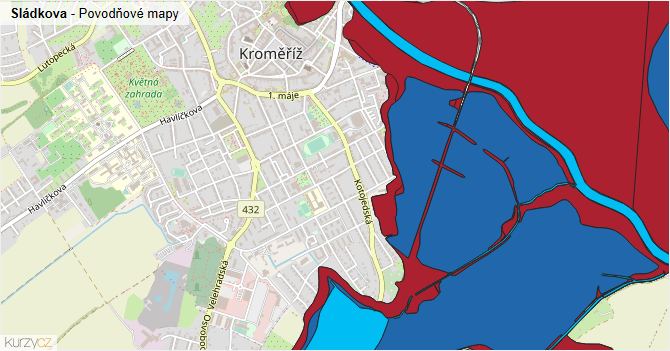 Sládkova - záplavové mapy stoleté vody