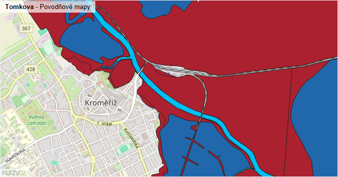 Tomkova - záplavové mapy stoleté vody