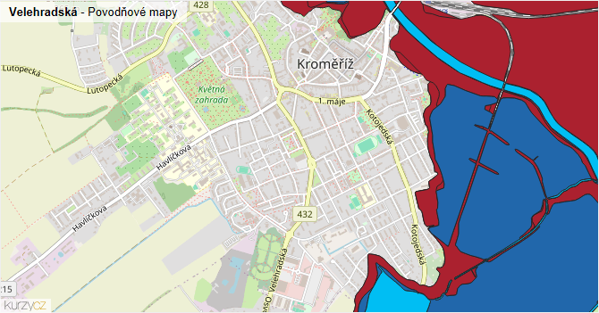 Velehradská - záplavové mapy stoleté vody
