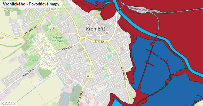 Vrchlického - záplavové mapy stoleté vody