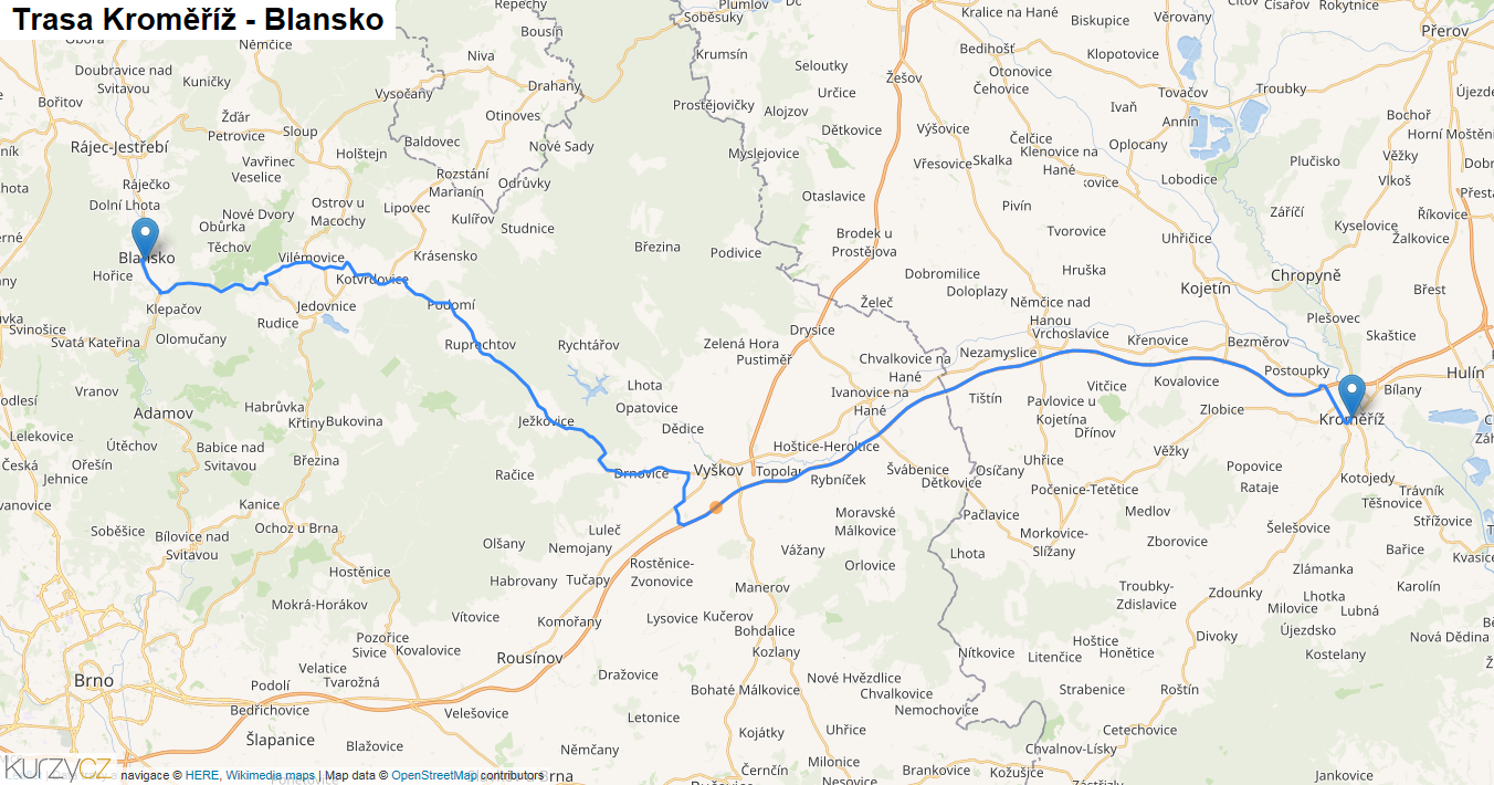 Kroměříž-Blansko, mapa trasy