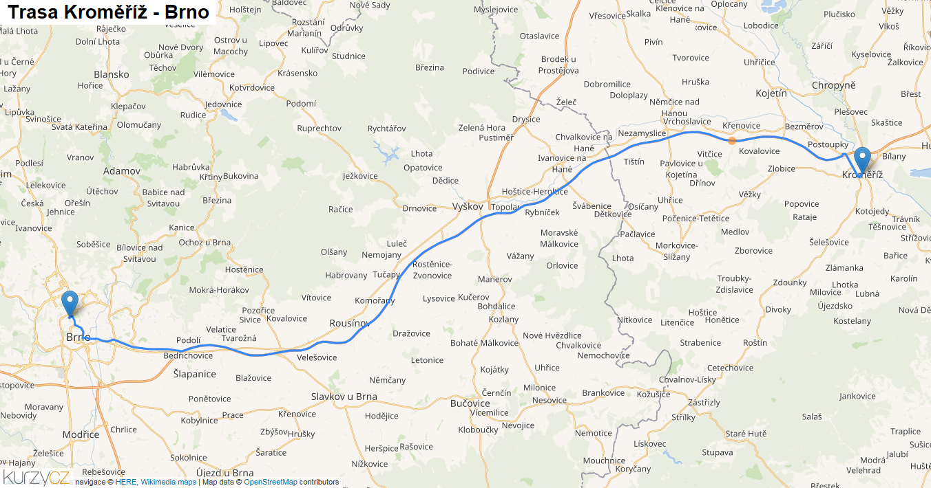 Kroměříž-Brno, mapa trasy