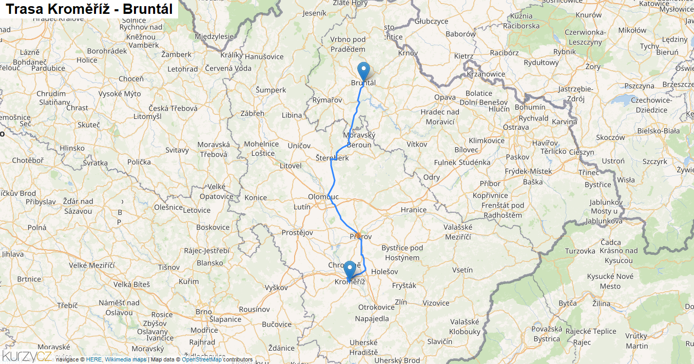 Kroměříž-Bruntál, mapa trasy