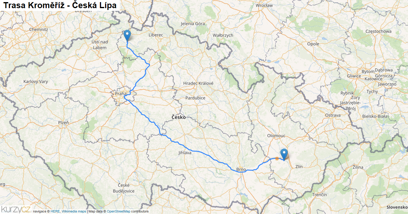 Kroměříž-Česká Lípa, mapa trasy