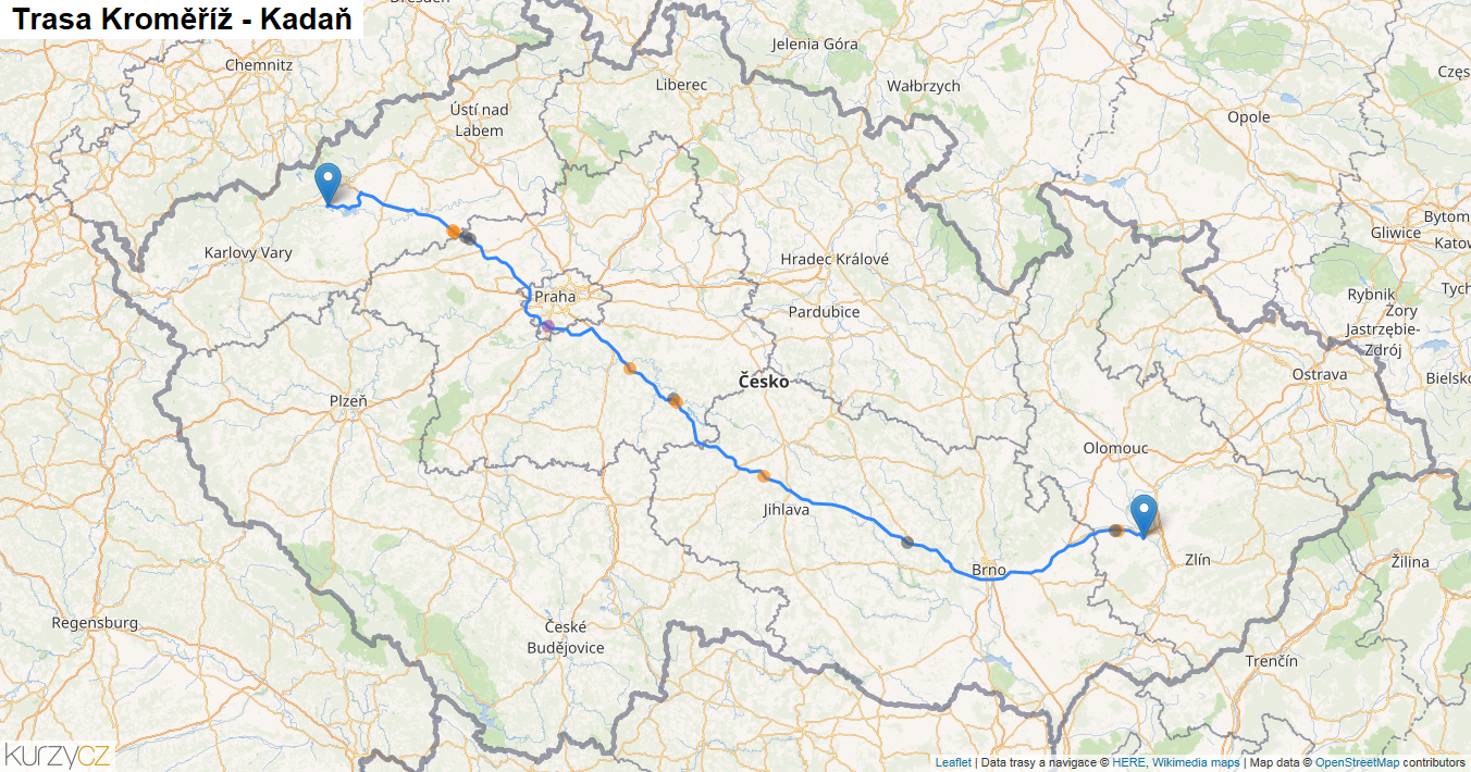 Kroměříž-Kadaň, mapa trasy