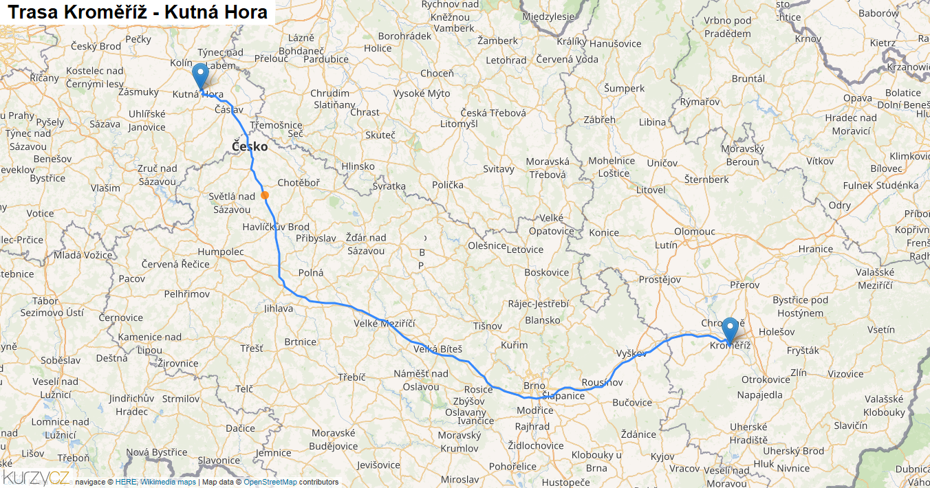 Kroměříž-Kutná Hora, mapa trasy