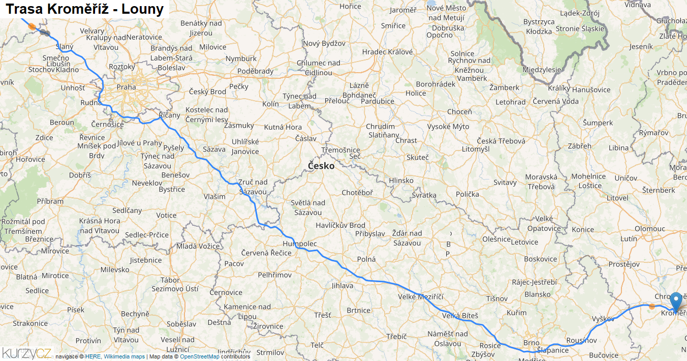 Kroměříž-Louny, mapa trasy
