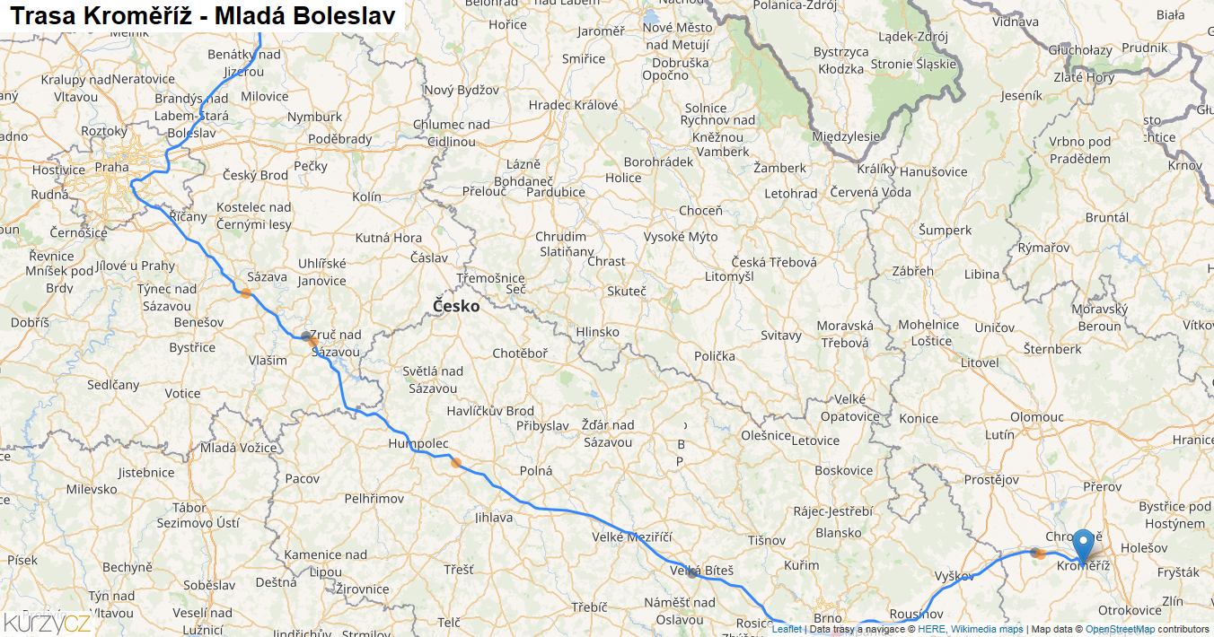 Kroměříž-Mladá Boleslav, mapa trasy