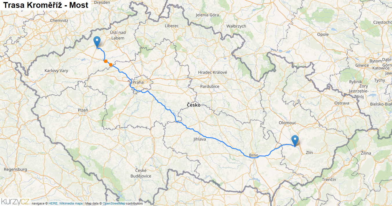 Kroměříž-Most, mapa trasy