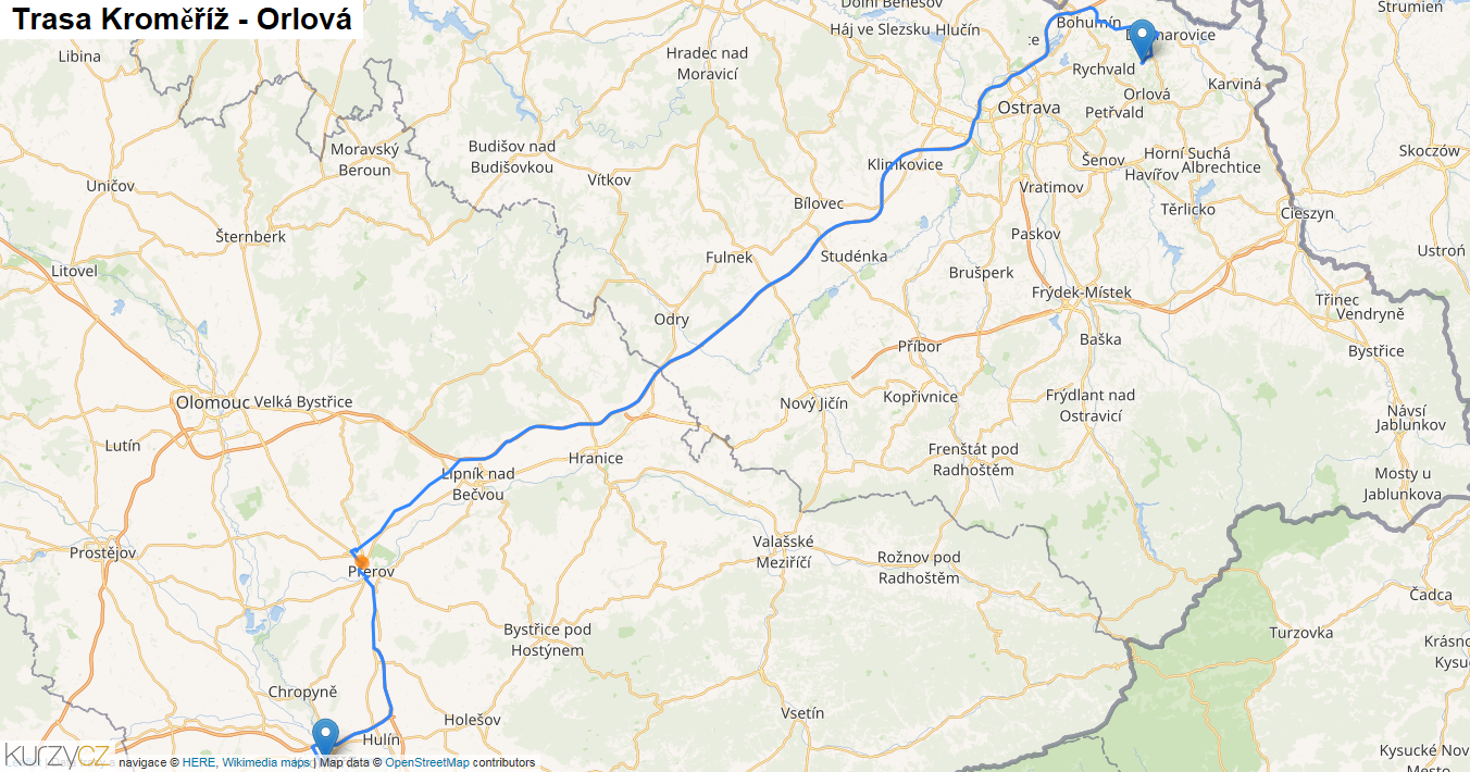 Kroměříž-Orlová, mapa trasy