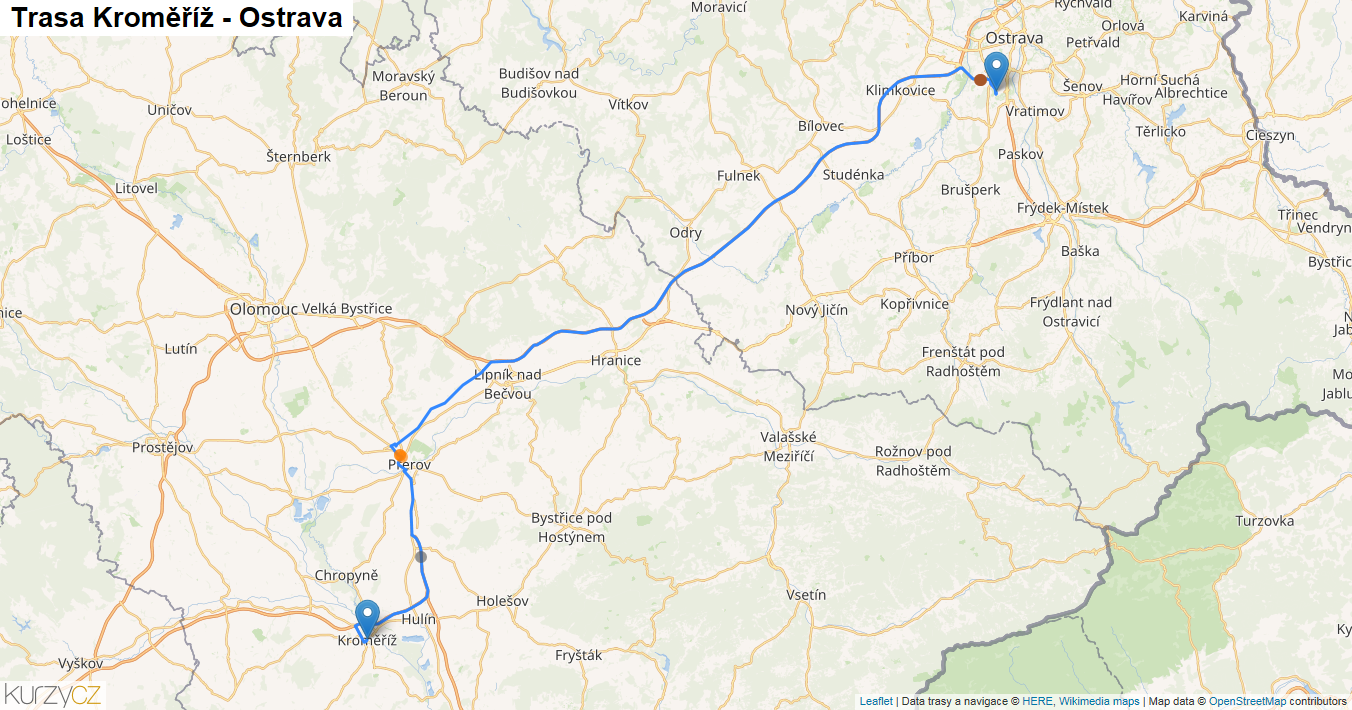 Kroměříž-Ostrava, mapa trasy