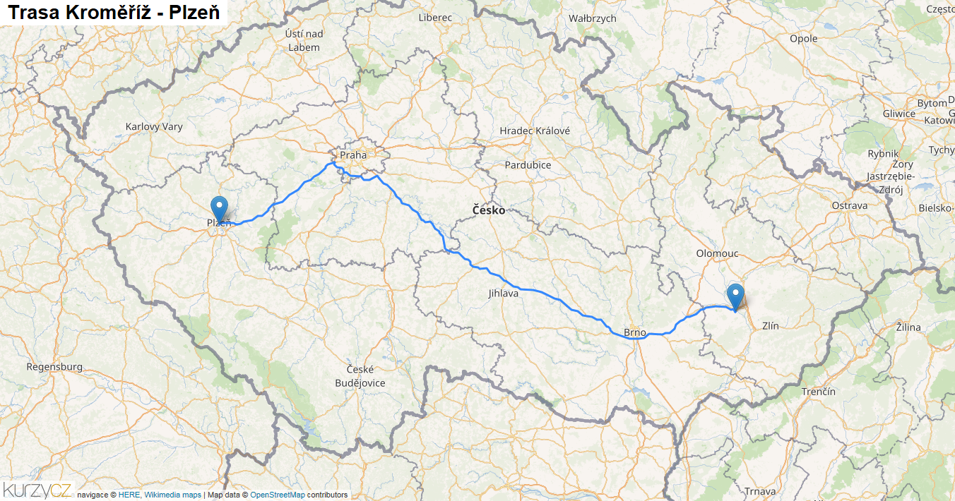 Kroměříž-Plzeň, mapa trasy