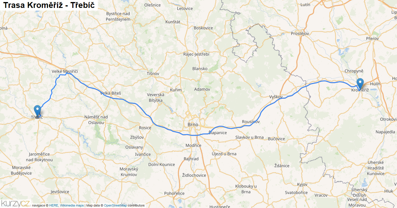Kroměříž-Třebíč, mapa trasy