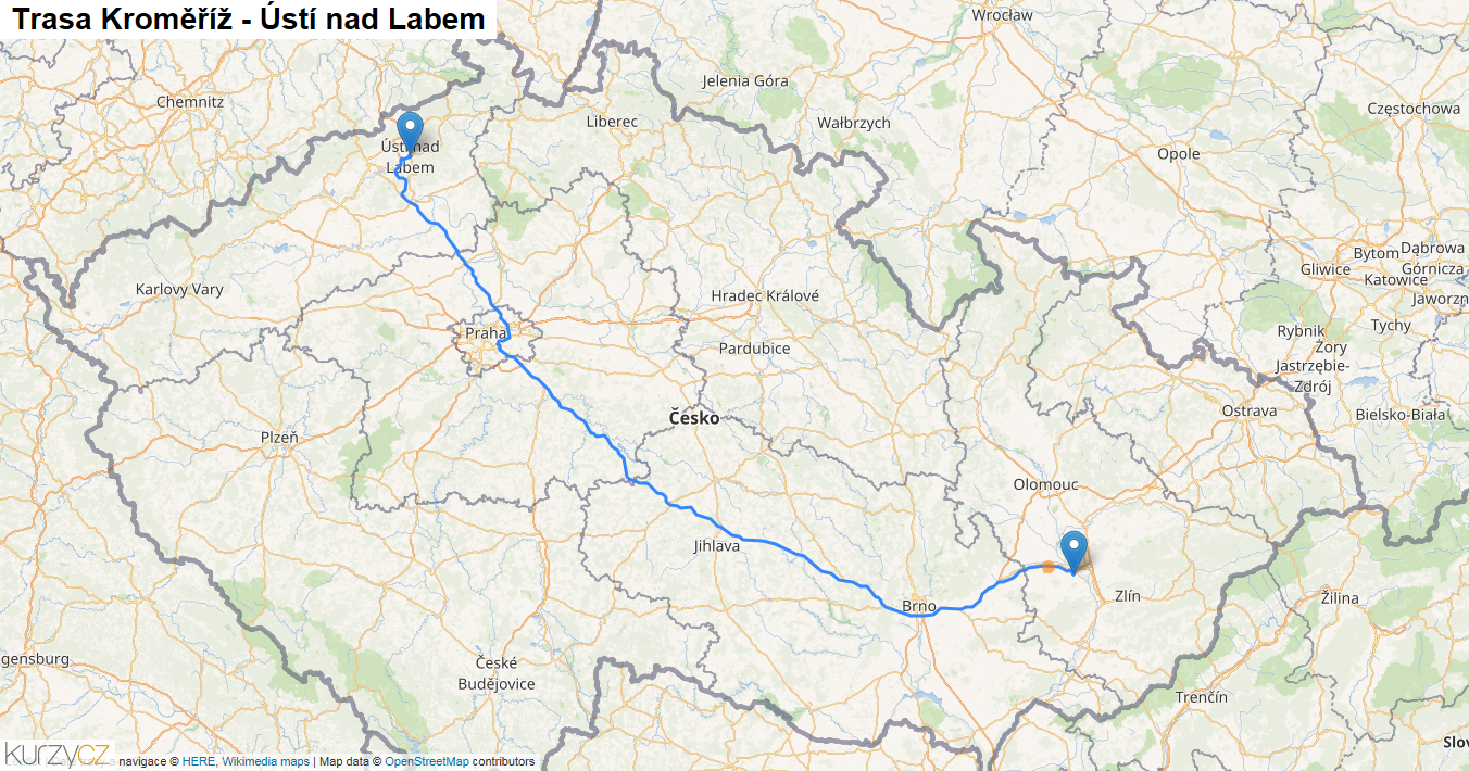 Kroměříž-Ústí nad Labem, mapa trasy