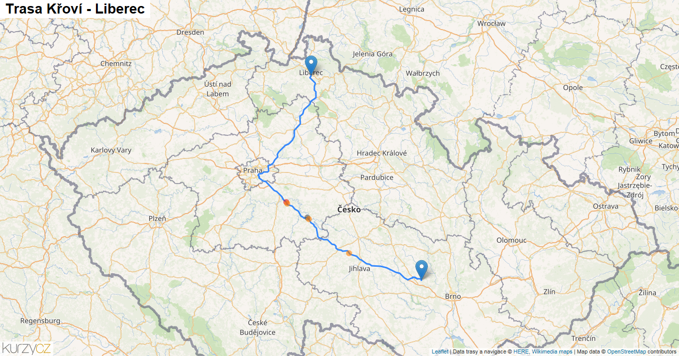 Křoví-Liberec, mapa trasy