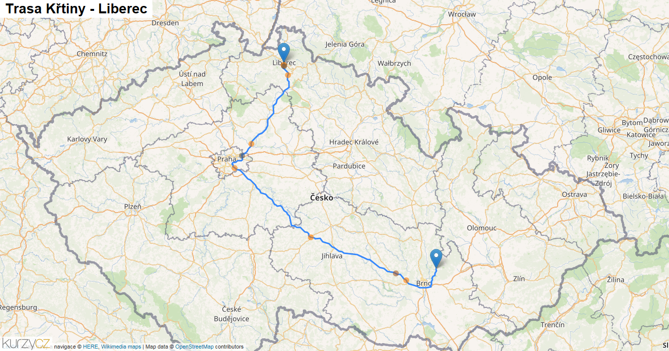 Křtiny-Liberec, mapa trasy
