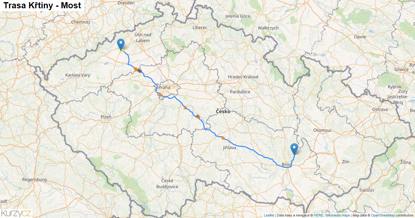 Křtiny-Most, mapa trasy