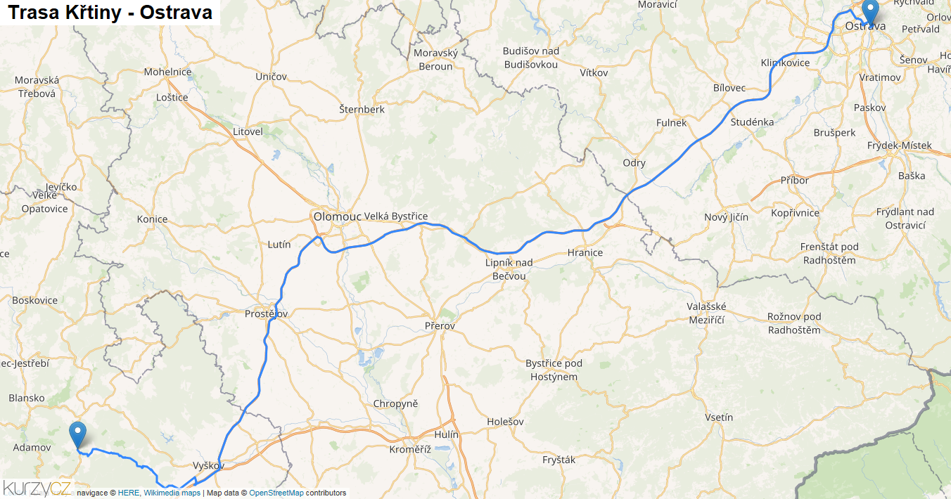 Křtiny-Ostrava, mapa trasy