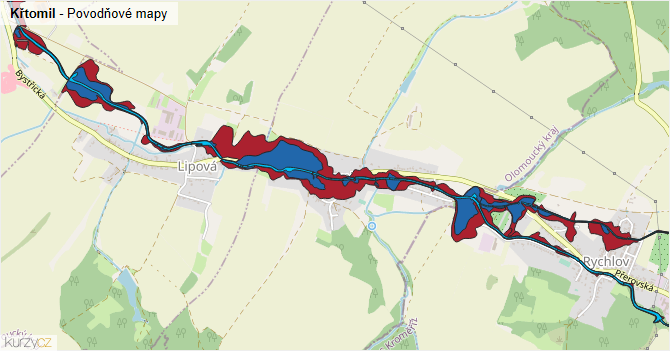 Křtomil - záplavové mapy stoleté vody