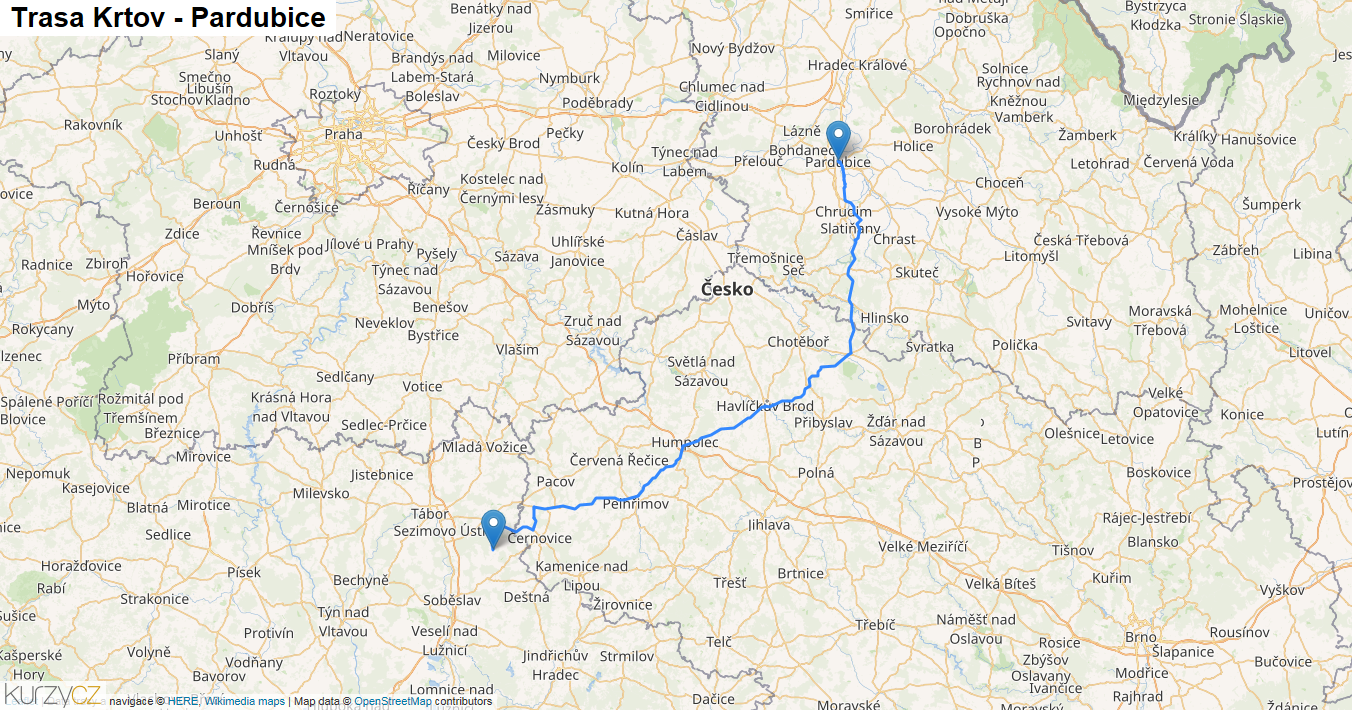 Krtov-Pardubice, mapa trasy