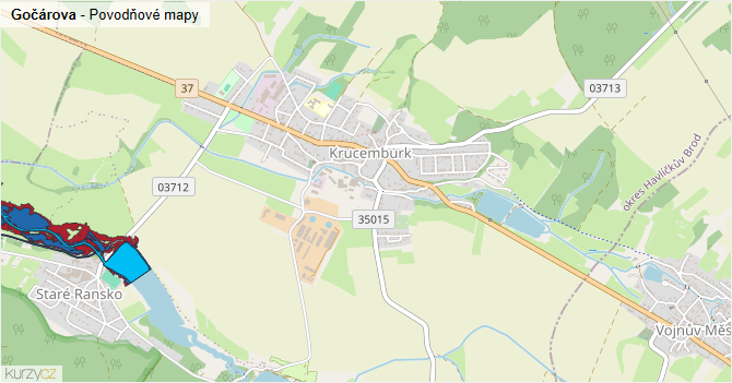 Gočárova - záplavové mapy stoleté vody