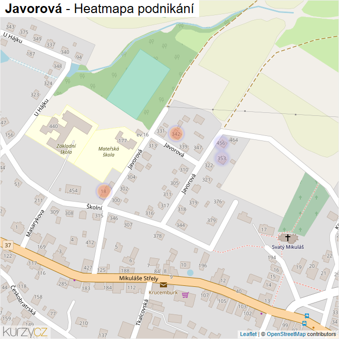 Mapa Javorová - Firmy v ulici.
